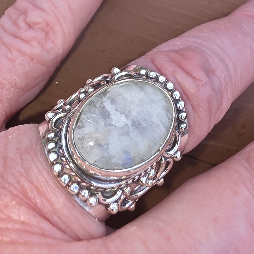 Rainbow Moonstone Boho Style Ring in 925 Sterling Silver (Snug 7)